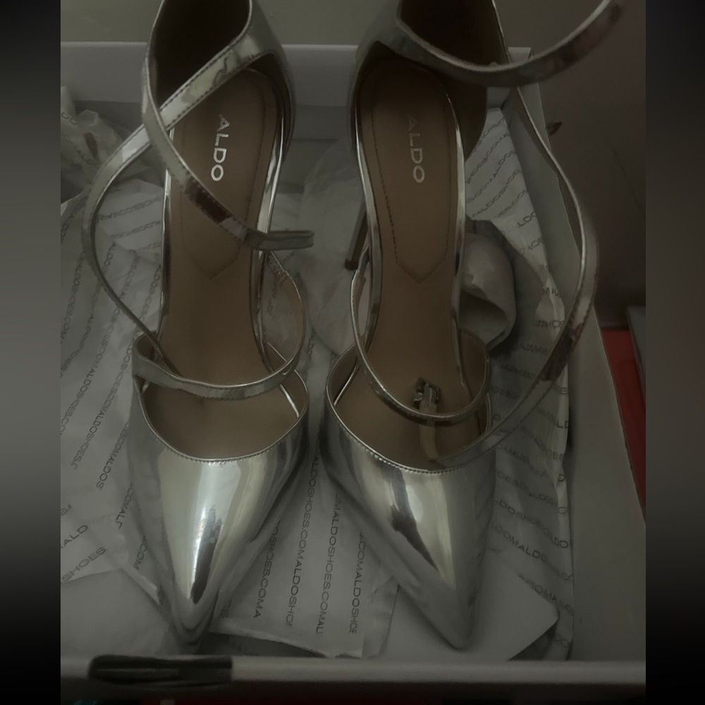 Aldo Silver Stiletto Heels with Ankle Strap
